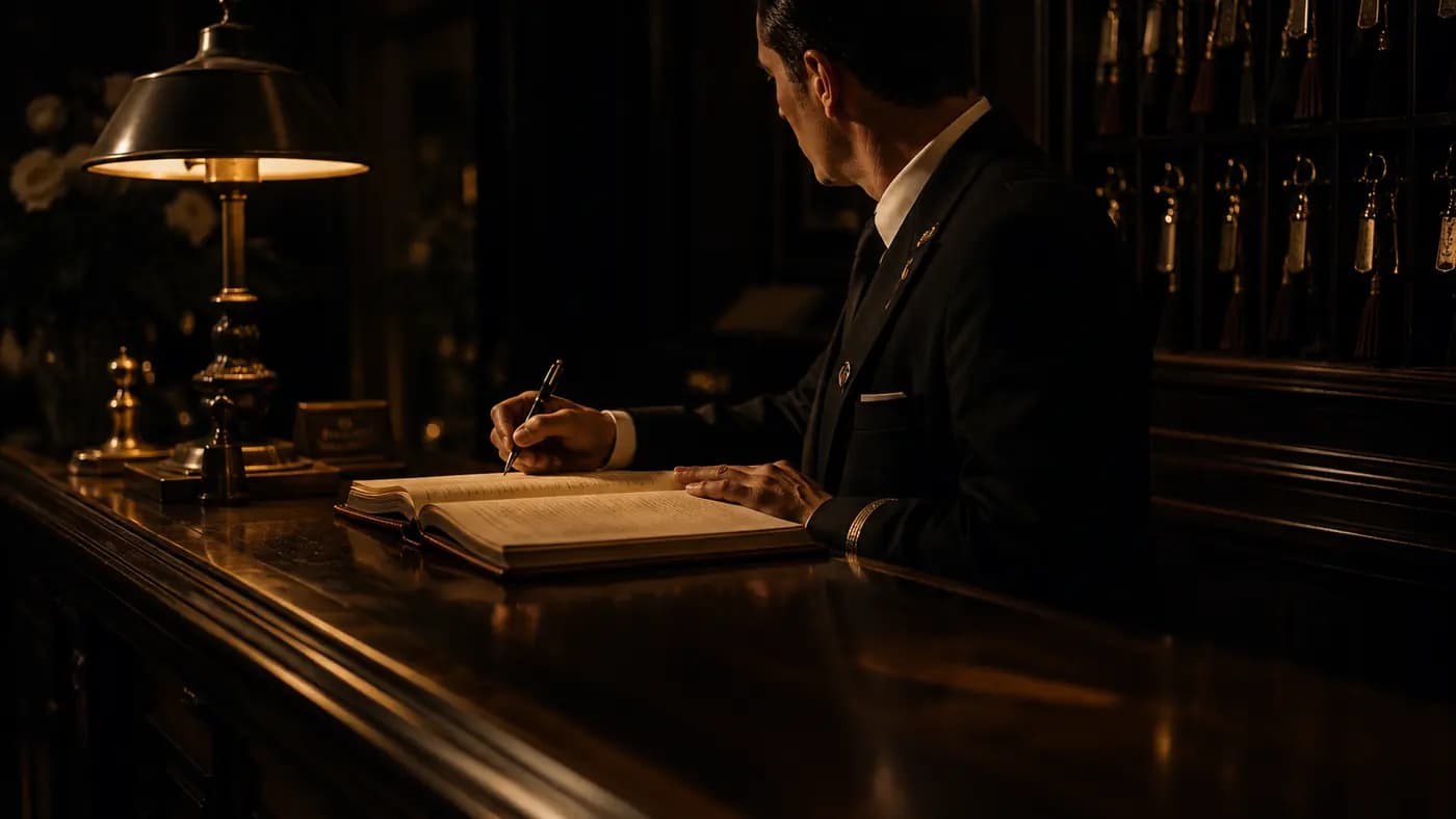 A concierge writes in the hotel's register beneath a brass lamp